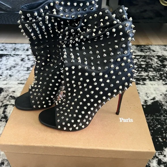 Christian Louboutin Black Ankle Boots with Studded Silver Heel Leather boots Christian Louboutin Black size 37 EU in  main image 3